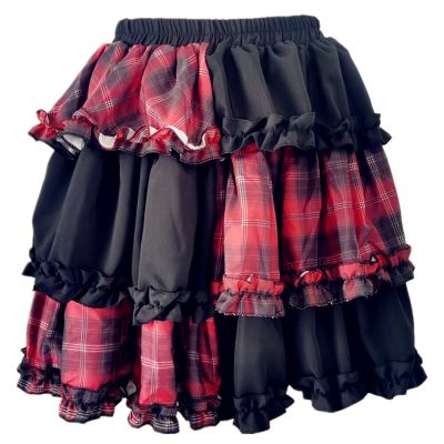 ‘；’ Two-Dimensional Dark Petticoat Cosplay Red Plaid Stitching High Waist A-Line Skirt Punk Spice Girl Rock Skirt Harajuku Skirt