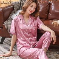 Women Satin Sleepwear Floral Silk Pajamas Set Short Sleeves Long Pants Sleep Suit Ladies Silk Pyjamas Home Clothing Nightwear Pj