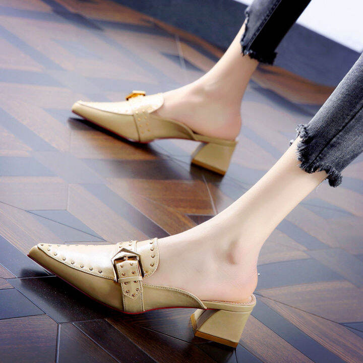 Mules shoes ladies Baotou heeled sandals retro women shoes pointed toe