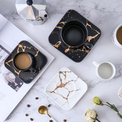 Marbling Matte Gold Products Series Japanese Style Black And White Cup And Saucer Case Tea Cup Glass Coffee Cup