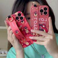 สายรัดข้อมือป้องกันการตกหล่นตัวการ์ตูนน่ารักสตรอเบอร์รี่หมีเคสโทรศัพท์ผิวเกล็ดน้ำแข็ง Iphone 14 12 13 11 Pro Max เคสป้องกัน