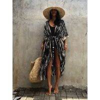 2022 Bikini Cover-ups Black Retro Striped Self Belted Plus Size WomenSummer Kimono Dress Beach Wear Swim Suit Cover Up Q