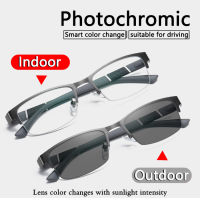 【 Photochromic】-6.0ถึง-0.5สายตาสั้นแว่นตาผู้ชายสายตาสั้นครึ่งกรอบโลหะป้องกันแสงสีฟ้าสายตาสั้นคอมพิวเตอร์แว่นตา