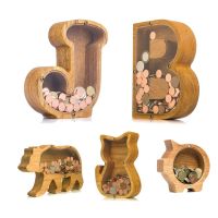 26 Letter Wooden Piggy Bank with Name Sticker Personalized Transparent Glass Money Box for Kids Children Gift Home Decoration