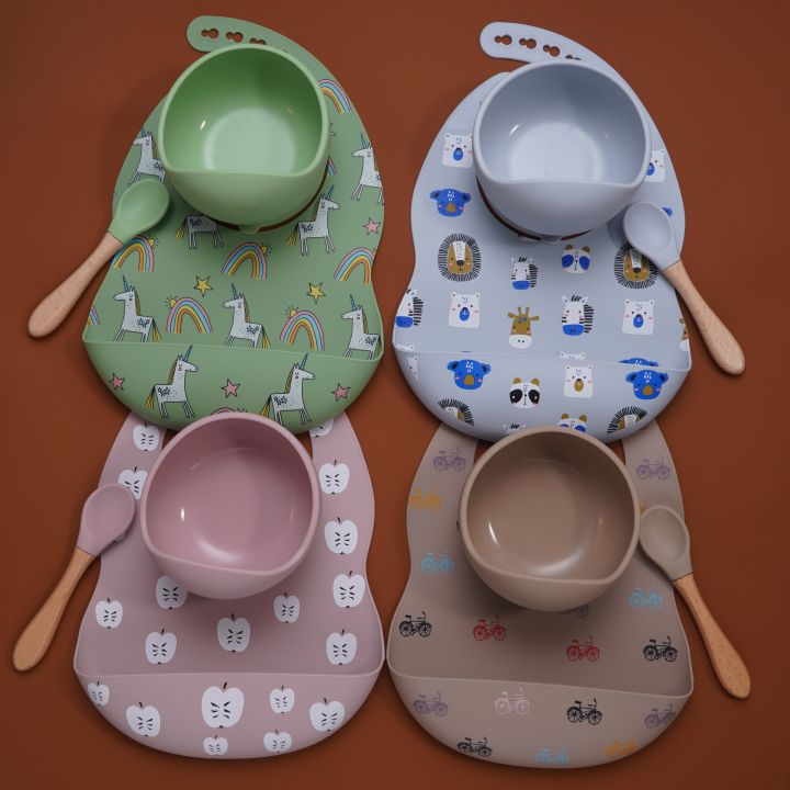 colorful-silicone-spoon-with-wooden-handle-hot-selling-baby-sucker-bowl-waterproof-adjustable-baby-bibs-print-saliva-towel
