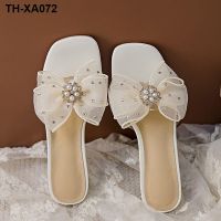 Transparent French style sandals and slippers women summer outer wear crystal chunky heel with skirt fairy style bow high-heeled flip-flops