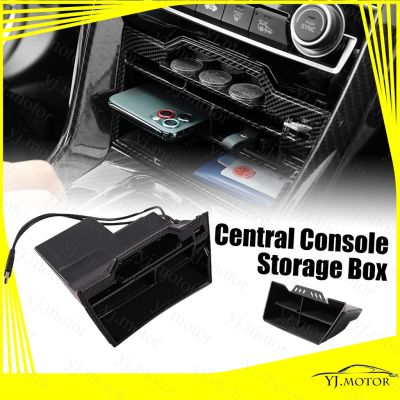 กล่องเก็บของ พอร์ตชาร์จ USB คู่ คาร์บอนไฟเบอร์ สําหรับ Honda Civic FC Central Console 2016-2020 Storage Box Tray