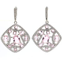 47x30mm Princess Cut Pink Kunzite White CZ Women Dating Wholesale Drop Shipping Silver Earrings