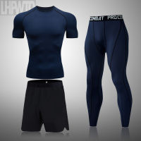 Mens Solid Color T-Shirt Gym Jogging Sweatshirt Compression Suit Short Sleeve Tight Sportswear Men Basketball Training 3pcs Set