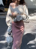 【HOT】 2023 apricot pullover round neck celebrity knitwear strapless lazy style long-sleeved top spring and autumn short sweater