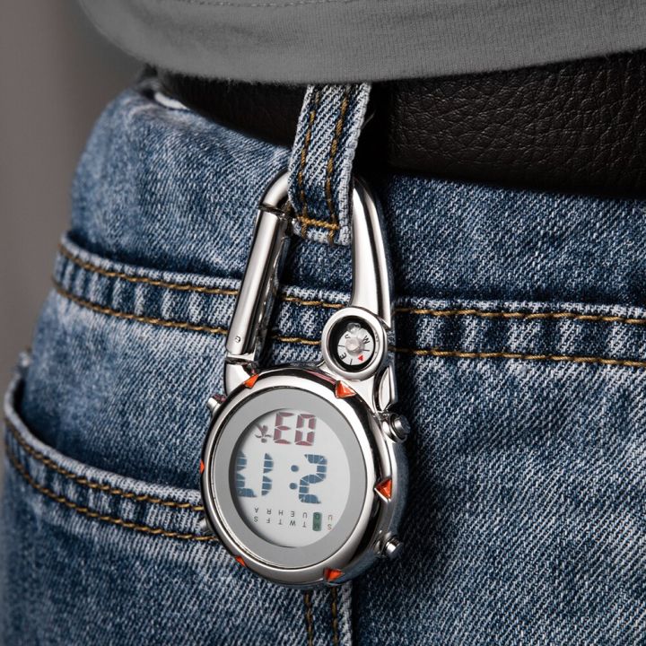 นาฬิกาพกสำหรับผู้ชายเข็มทิศ-อุณหภูมิ-สัปดาห์จอแสดงผลดิจิตอลตัวล็อคสำหรับปีนเขาเป้คาราไบเนอร์นักปีนเขากีฬากลางแจ้ง
