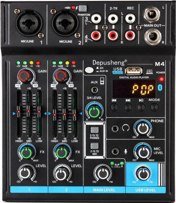 Depusheng M4 Portable Mini Mixer 4-Channel Audio Mixer DJ Console with Sound Card, Bluetooth Function, USB, 48V Phantom Power for PC Recording Webcast Party