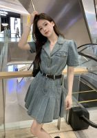 Factory Outlet Suit Collar Denim Pleated Dress Female Summer New French Small Incense Wind Waist Thin Short Sleeve Skirt