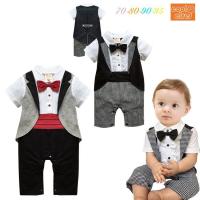 ทารกชายบอดี้สูท Tuxedo เสื้อกั๊กแขนสั้นสุภาพบุรุษ bowtie J umpsuit R omper ชุดวันเกิดสำหรับ 0-3 3-6 6-12 เดือนเด็ก