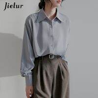 Jielur เสื้อเบลาส์สตรีแขนยาวผ้าชีฟองสีฟ้า,เสื้อเบลาส์แขนยาวเสื้อ S-XL เสื้อชั้นในสตรีแฟชั่นเสื้อเชิ้ตลำลอง