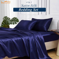 4 in 1 Bedding Set Luxury Satin Silk Flat Sheet &amp; Fitted Sheet &amp; Pillow Covers Silky Sheet Set