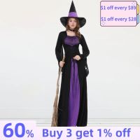 Halloween Witch Costume Dress Women Fancy Costume with Collar Hat Square Neck Lace Up Gothic Maxi Dress Slim Fit Party Clothing