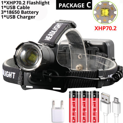 Super Bright XHP70.2 USB Rechargeable Led Headlamp XHP70 Most Powerfull Headlight Fishing Camping ZOOM Torch by 3*18650 battery