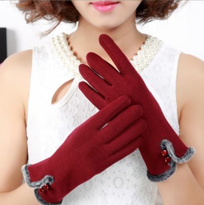 YLWHJJ New Female Autumn Winter Non-Inverted Velvet Cashmere Full Finger Warm Lace Gloves Women Cotton Touch Screen Gloves