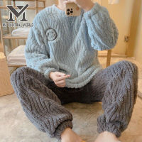 TOP☆WF New autumn and winter mens coral fleece plus velvet warm pajamas couples nightwear cute flannel homewear suit