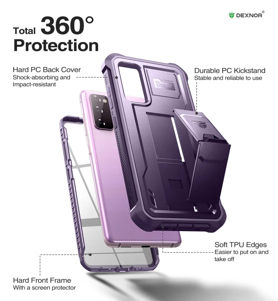 Dexnor for Samsung Galaxy S20 FE Case, [Built in Screen Protector and  Kickstand] Heavy Duty Military Grade Protection Shockproof Protective Cover  for