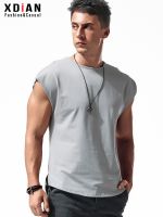 Sleeveless t-shirt mens loose cotton sports fitness vest with cut sleeves summer American style wide shoulder vest trendy brand short sleeves