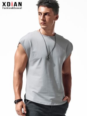 original Sleeveless t-shirt mens loose cotton sports fitness vest with cut sleeves summer American style wide shoulder vest trendy brand short sleeves