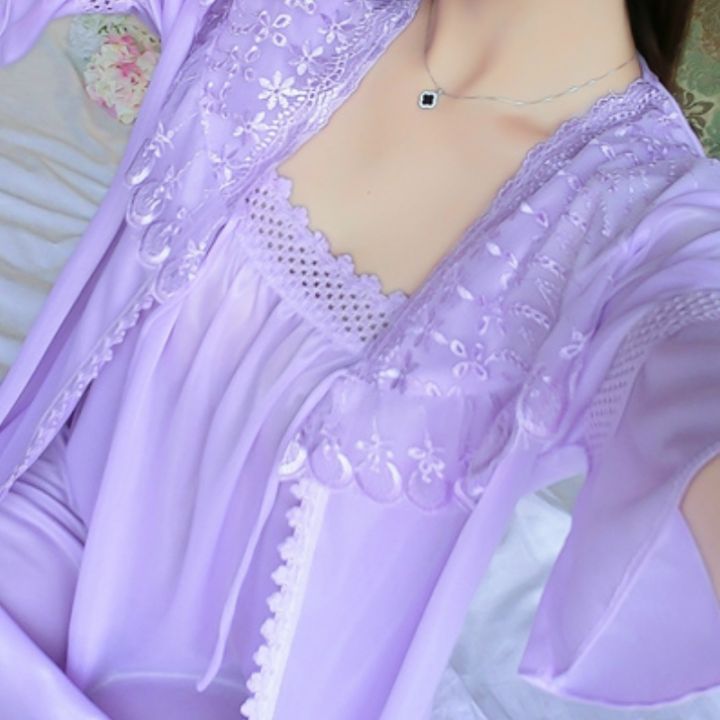 xiaoli-clothing-ชุดเสื้อคลุมยาวชุดผู้หญิง2ชิ้นผ้าไหมน้ำแข็งทันสมัยลำลองผูกเชือกเข้าบ้านยอดนิยมชุดนอนแบบหลวม3xl-เซ็กซี่บางเสื้อคลุมอาบน้ำสตรีชิค