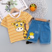 2022 Summer Childrens Sets Casual Stripe Round Neck Short Sleeve T-Shirt Elastic Waist Shorts Two Piece Suit