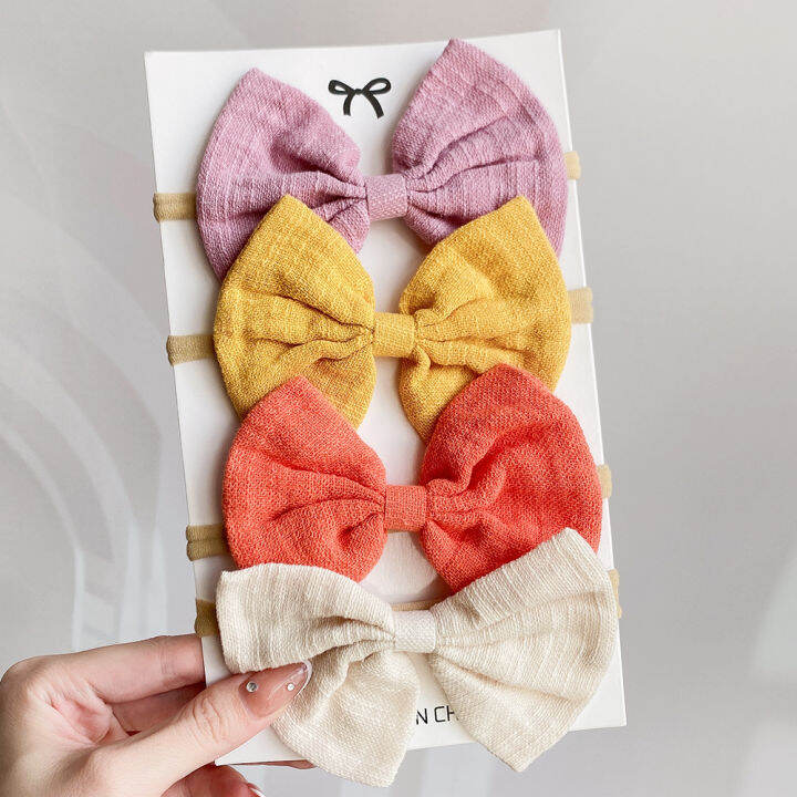 hot-4ชิ้นเซ็ตผ้าฝ้ายสีทึบเด็ก-bows-headband-สำหรับเด็กผู้หญิงไนลอนยืดหยุ่น-headwear-handmade-ทารกแรกเกิดเด็กวัยหัดเดินอุปกรณ์เสริมผม