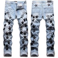 New Fashion Brand Five-Pointed Star Jeans Mens Black Star Leather Tape Ripped Elastic Slim-Fit Long Pants For Men