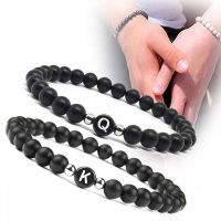 1 Pc 26 Letter Frosted Agate celet Purely Handmade Beaded Elastic Rope celet Black Radiation Protection Personalized Bangle Couple Jewelry Accessories Gifts