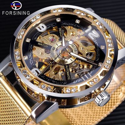 The new forsining watch mens leisure classic popular mesh belt hollow out diamond mechanical watches ▤☑