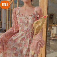 Xiaomi Women Vintage Franch Style Female Strapless Party Dress Casual Holiday Office Lady Boho Vestido Summer Print Floral Dress