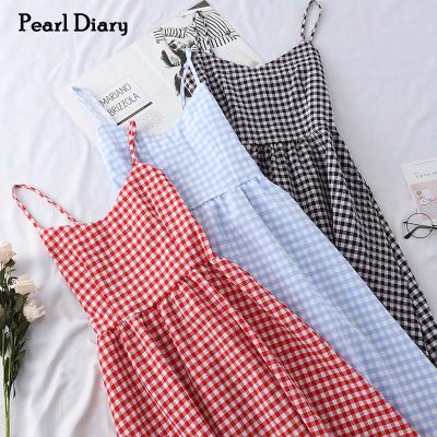 Pearl Diary Women Checked Cami Dress V Neck High Waist Spaghetti Strap Midi Plaid Princess Dress Vintage Korean Style Sleeveless