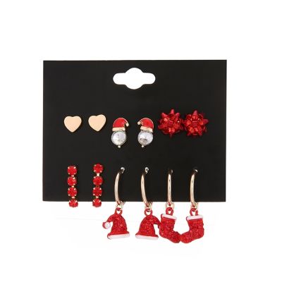 6คู่ Tiny Stud ต่างหูชุดน่ารัก Xmas ถุงน่อง Hoop Dangle ต่างหูสีแดง Santa หมวกคริสตัลเจาะต่างหูสำหรับผู้หญิง