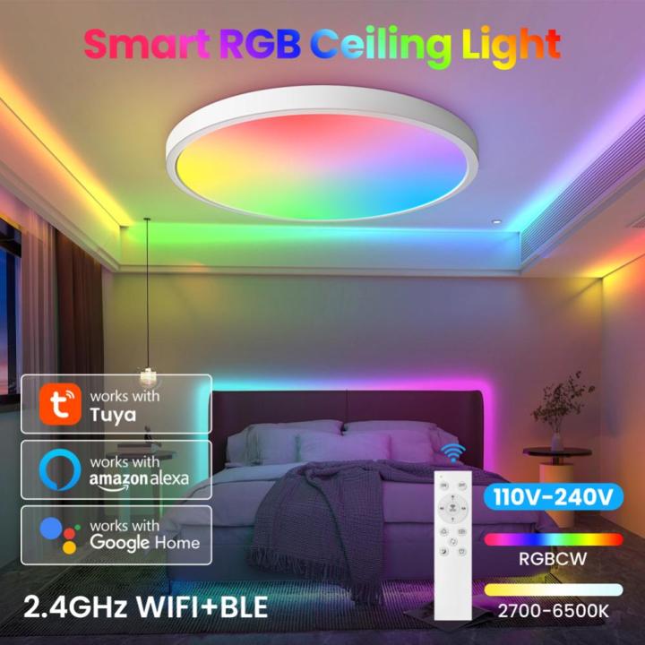 โคมไฟติดเพดานอัจฉริยะ24w-rgb-ไฟประดับบ้านแอปรีโมทคอนโทรลโคมไฟติดเพดานที่ทันสมัย2400lm-ช่วยด้วยเสียง-wifi-สำหรับห้องนั่งเล่นห้องนอน