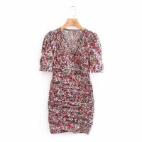 ZZOOI 2020 women vintage v neck floral print casual slim pleated mini dress female pleat puff sleeve vestido chic party dresses DS3880