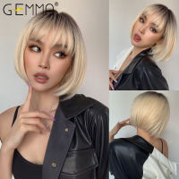 GEMMA Short Bob Straight Synthetic Wigs with Bangs Ombre Brown Blonde Wig for Women Afro Wigs Cosplay Party Daily Heat Resistant