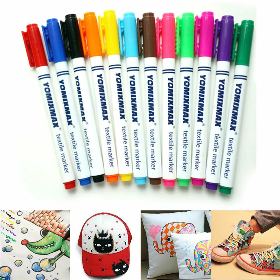 12 Colors Boxed Fabric Markers Permanent Pen Paint Clothing Textile Dye T- Shirt Shoes DIY Pens