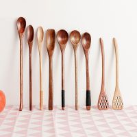 Wooden Spoon Mixing Rice Salad Spoon Long Handle Dessert Condiment Sugar Salt Spice Spoon Tableware Kitchen Tools 1 Piece