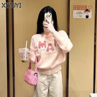 XIYUYI ฤดูใบไม้ร่วงและฤดูหนาวคอเต่าสำหรับผู้หญิงแนวย้อนยุคเสื้อกันหนาวมีตัวอักษรถักสีชมพู