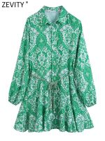 ZEVITY ashion Paisley Floral Print Belt Mini Shirt Dress Female Chic Casual Big Swing Hem Pleat Green Vestidos DS9353