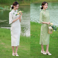 ปรับปรุง Cheongsam Early 2022 Young Daily Dress Green Inverted Large Sleeve High-End Temperament Cheongsam