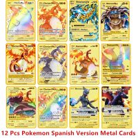 6-12 Pcs/Set Pokemon Metal Card English Spanish Version Anime Figure Charizard Pikachu Battle Trading Pocket Monster Cards Toy