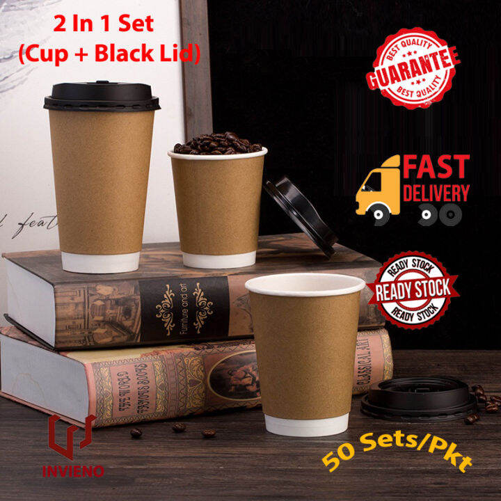 [50 sets/pkt] Brown Paper Cup Kraft Double Wall Paper Cup Coffee ...