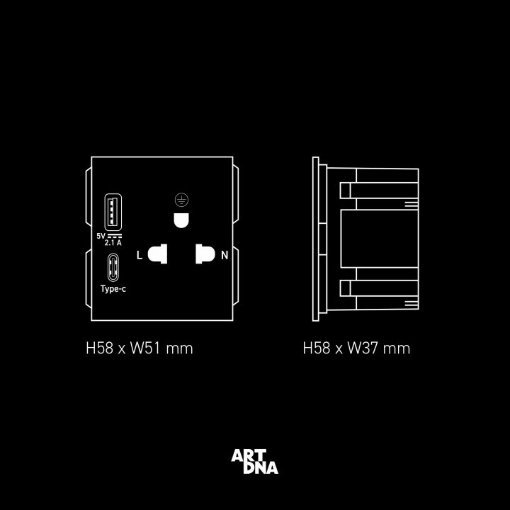 art-dna-รุ่น-a77-3-pin-socket-with-usb-type-a-c-charger-สีดำ-ปลั๊กไฟโมเดิร์น-ปลั๊กไฟสวยๆ-สวิทซ์-สวยๆ-switch-design