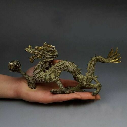 Chinese Fengshui Bronze Zodiac Year Dragon Dragons Animal Hold Bead Statue 