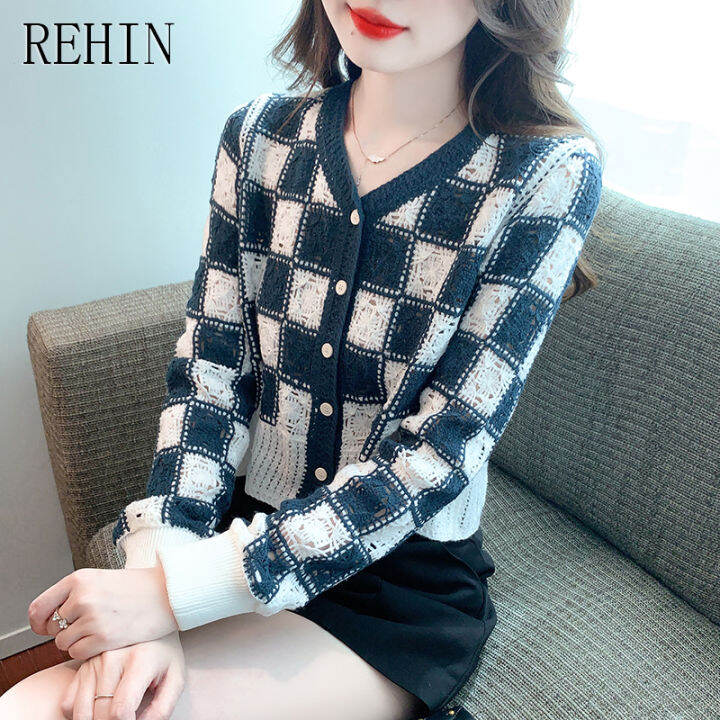 rehin-เสื้อสเวตเตอร์ถักคอวีแนววินเทจ-เสื้อผู้หญิงมาใหม่ล่าสุดทรงหลวมเย็บตกแต่งลายดอกไม้แขนยาวอเนกประสงค์