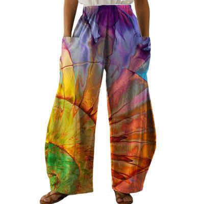 Elastic Waistband High-Waist Big Pockets Straight Lady Slacks Pants Figure Face Graffiti Pattern Baggy Wide Leg Pants